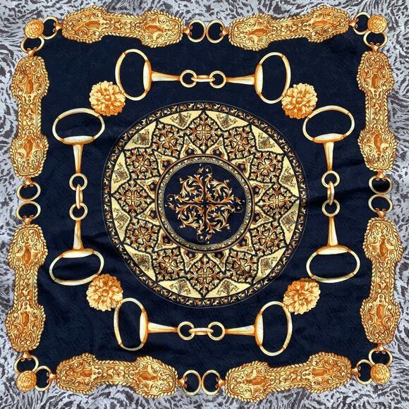 100% Silk Scarf 33" Square Navy Blue Gold Made in Italy Chain Link Tiger EUC - Picture 3 of 6